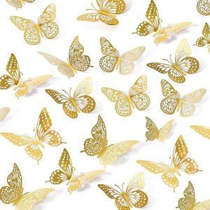 48 Pcs 4 Styles 3 Sizes Removable Gold Butterfly Stickers for Cake Decorations